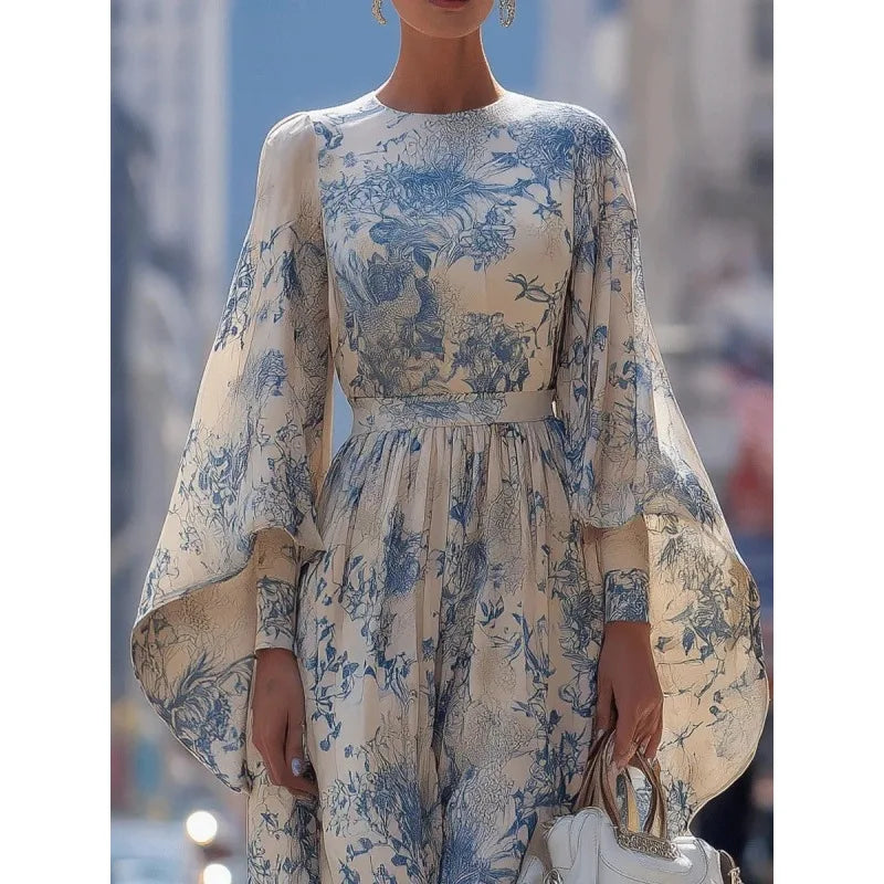 2026 Women's Sky Blue Flower Print Long Dresses Spring Autumn Loose Fit Batwing Sleeve High Waist O Neck Elegant Dress 196197