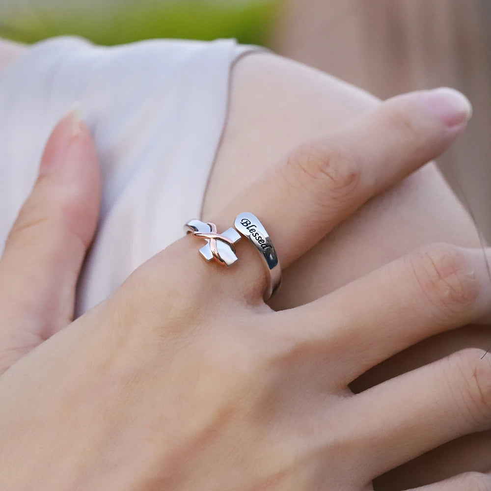 925 Sterling Silver Adjustable Christian Blessed Jesus Cross Infinity Ring Jewelry Faith Hope Love Gifts for Women Teen Girls