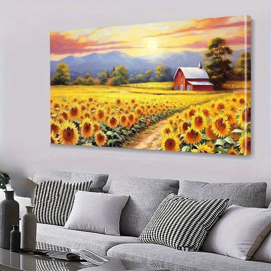 Rustic Sunflower Field Poster and Prints Modern Farmhouse Landscape Canvas Painting Wall Art Picture for Living Room Home Decor