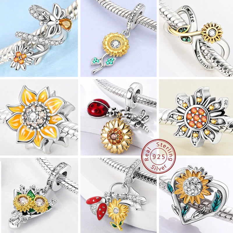 New 925 Sterling Silver Charms Pendant Sunflowers Heart Beads Fit Original Bracelets Charm DIY Jewelry Gifts Making