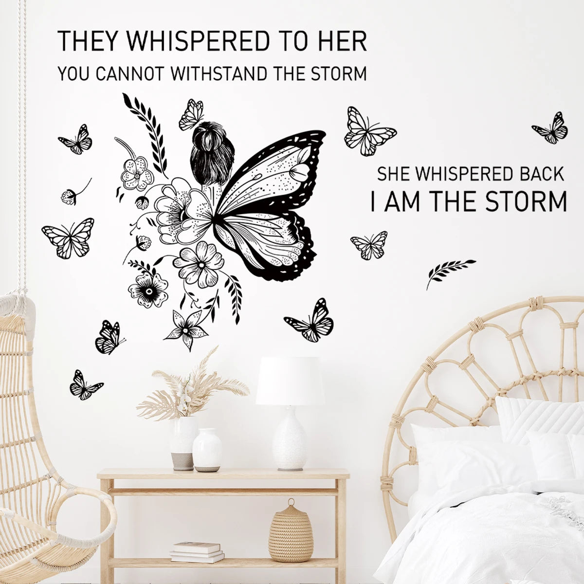 Inspirational Phrases”I Am The Storm..“Flower Vine Butterfly Art Wall Stickers for Bedroom Living Room Decoration Wall Decals