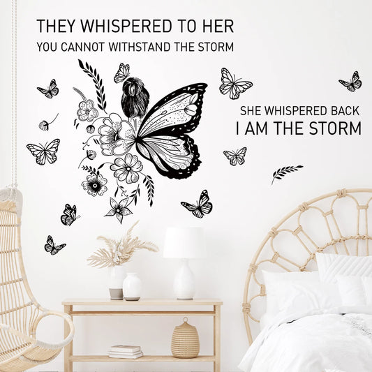 Inspirational Phrases”I Am The Storm..“Flower Vine Butterfly Art Wall Stickers for Bedroom Living Room Decoration Wall Decals