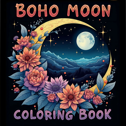 BOHO MOON Coloring Book -30 Sheets Thick Paper for Adults Teens - Stress Relief Creative Cute Drawing Book DIY Gift Idea