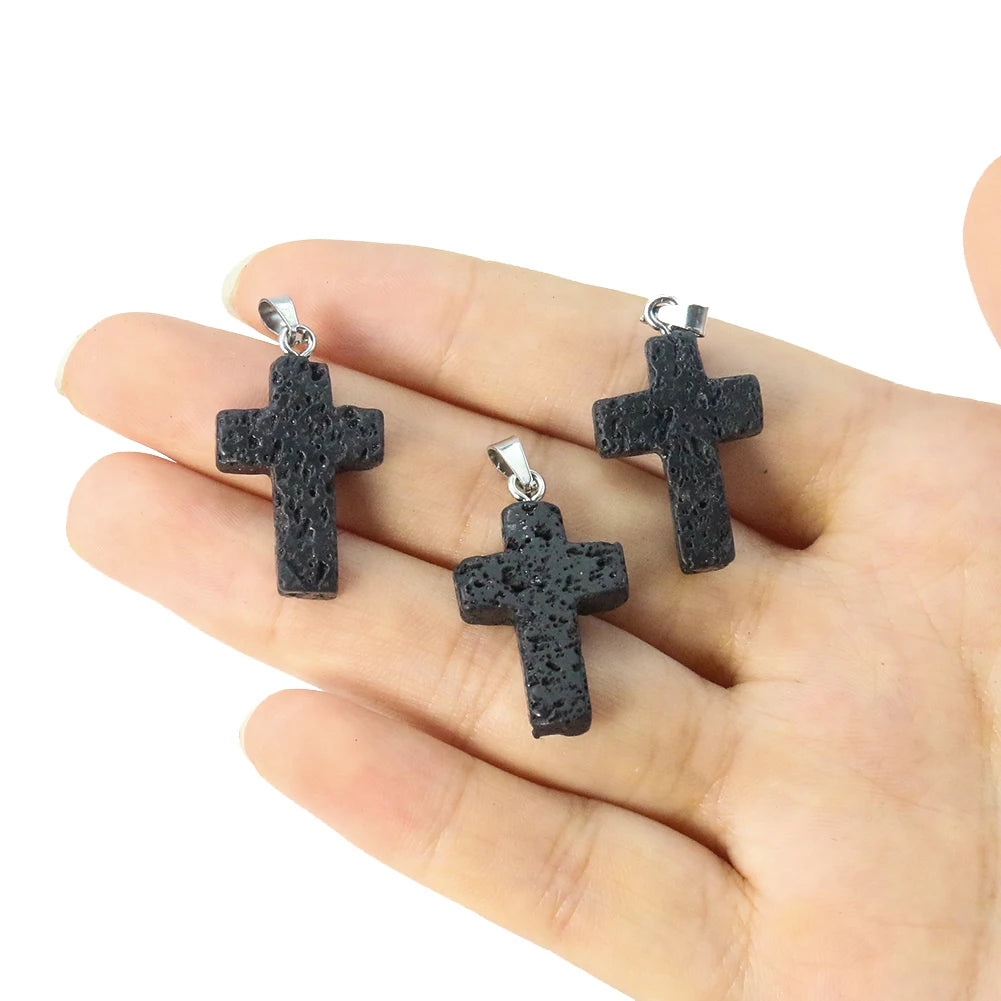 1PC Jesus Cross Pendant Natural Volcanic Stone Lava Christian Dangle Jewelry Charms Making for Women DIY Necklace Earrings Gift