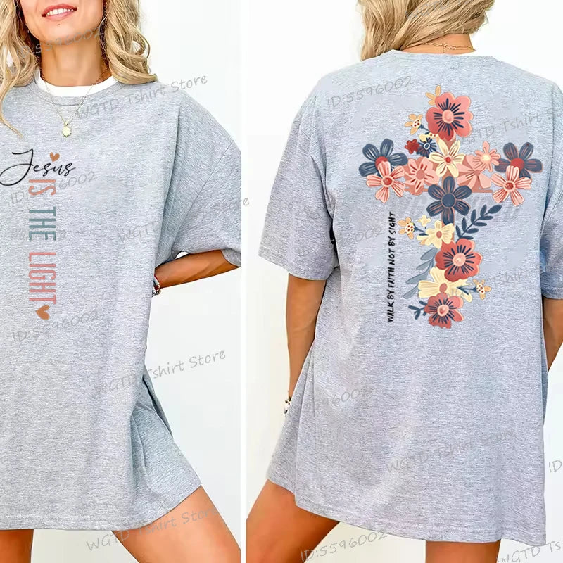 Jesus Is The Light Christian T Shirt Inspirational Floral Cross Vintage T Shirts Women Gift for Christian Religious T Shirts