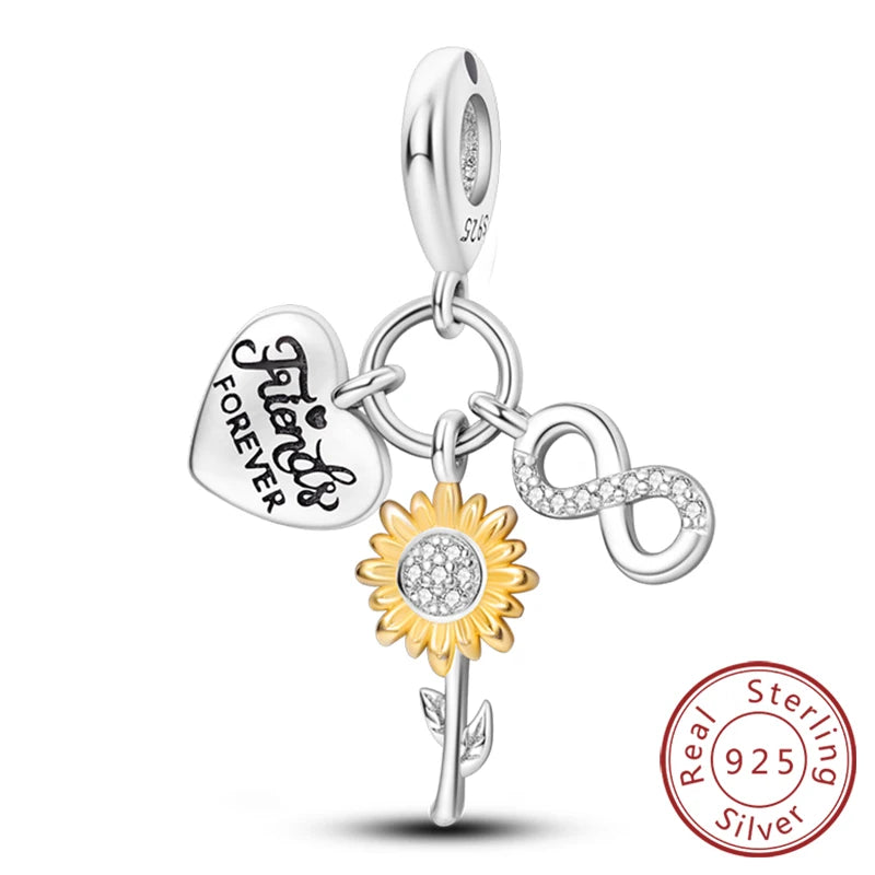New 925 Sterling Silver Charms Pendant Sunflowers Heart Beads Fit Original Bracelets Charm DIY Jewelry Gifts Making