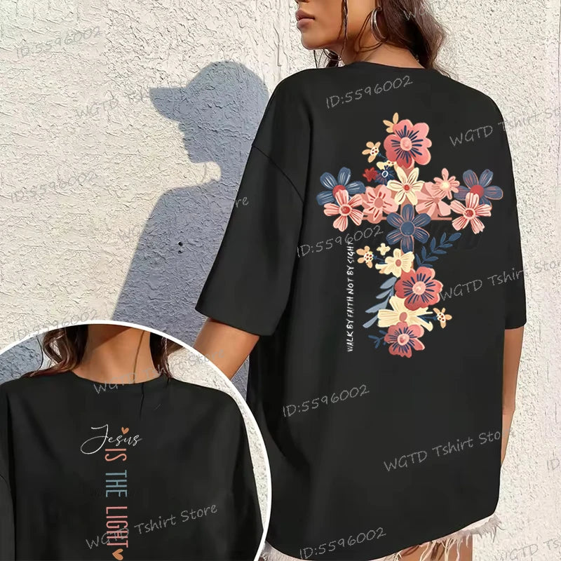 Jesus Is The Light Christian T Shirt Inspirational Floral Cross Vintage T Shirts Women Gift for Christian Religious T Shirts