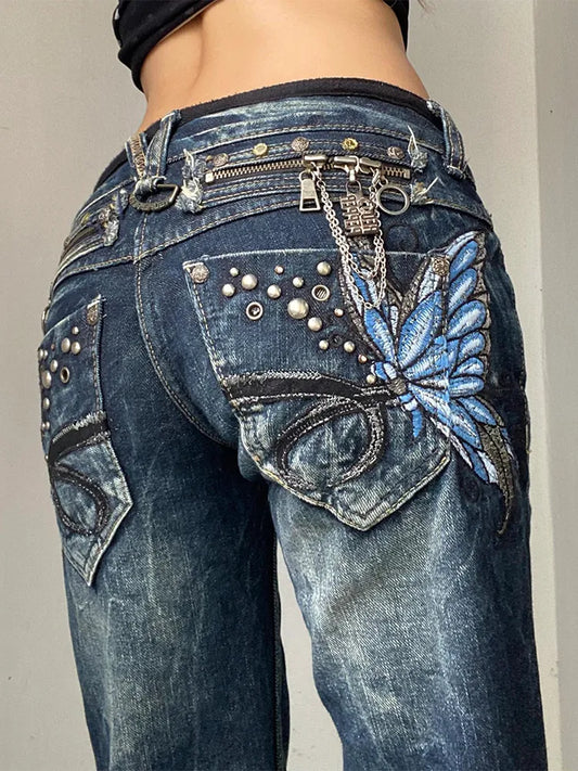 American Fashion High Street Large Size Butterfly Embroidered Women Jeans Y2K Millennium Harajuku Slim Flared Jeans