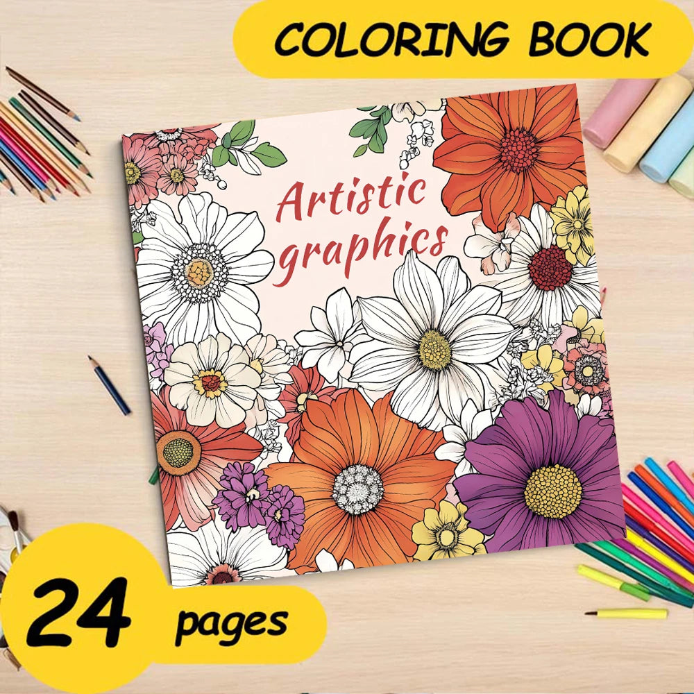 1pc Art Coloring Book 24Page Artistic Graphics Flower For Birthday Party Relieve Stress Kill Time Graffiti Painting Drawing Book