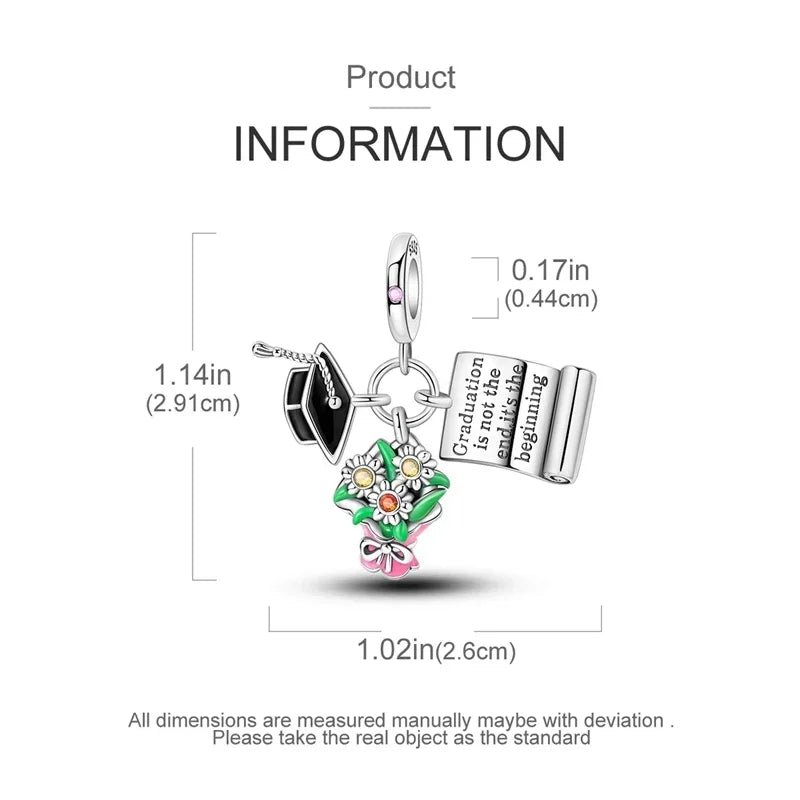 925 Sterling Silver Charms Bachelor's Cap Graduate Beads Pendant Fit Original Bracelet DIY Bead Gift for Graduation Ceremony