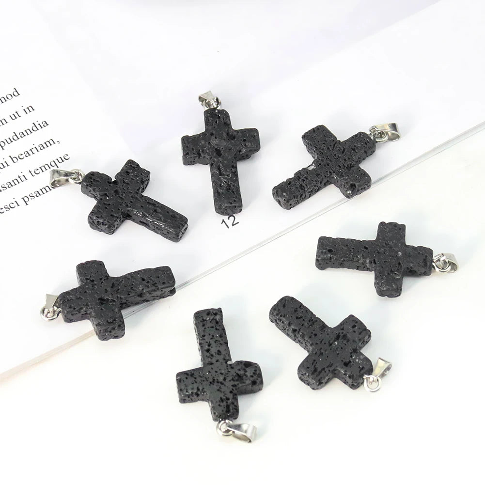 1PC Jesus Cross Pendant Natural Volcanic Stone Lava Christian Dangle Jewelry Charms Making for Women DIY Necklace Earrings Gift