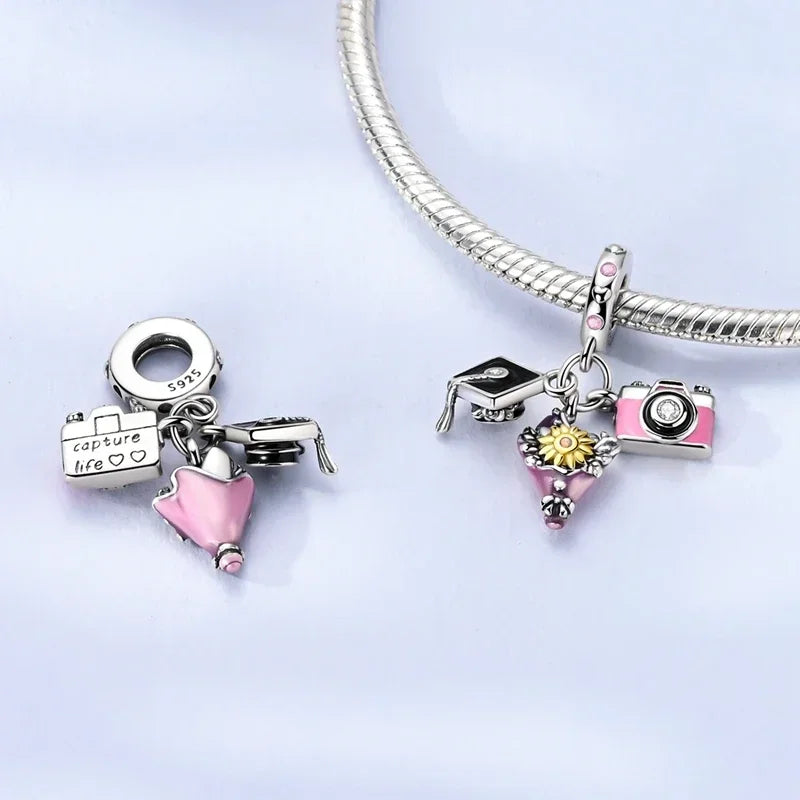 925 Sterling Silver Charms Bachelor's Cap Graduate Beads Pendant Fit Original Bracelet DIY Bead Gift for Graduation Ceremony