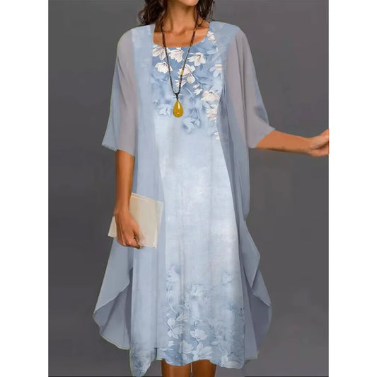 2026 Europe and the United States summer women's casual dress two-piece floral print round collar repair maxi