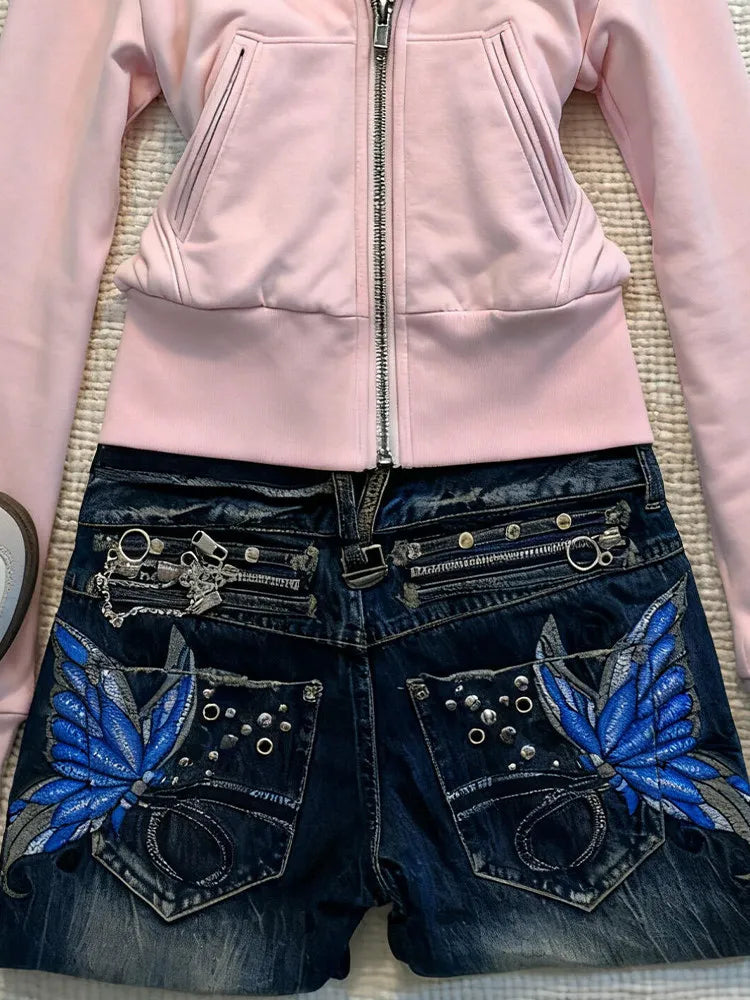 American Fashion High Street Large Size Butterfly Embroidered Women Jeans Y2K Millennium Harajuku Slim Flared Jeans