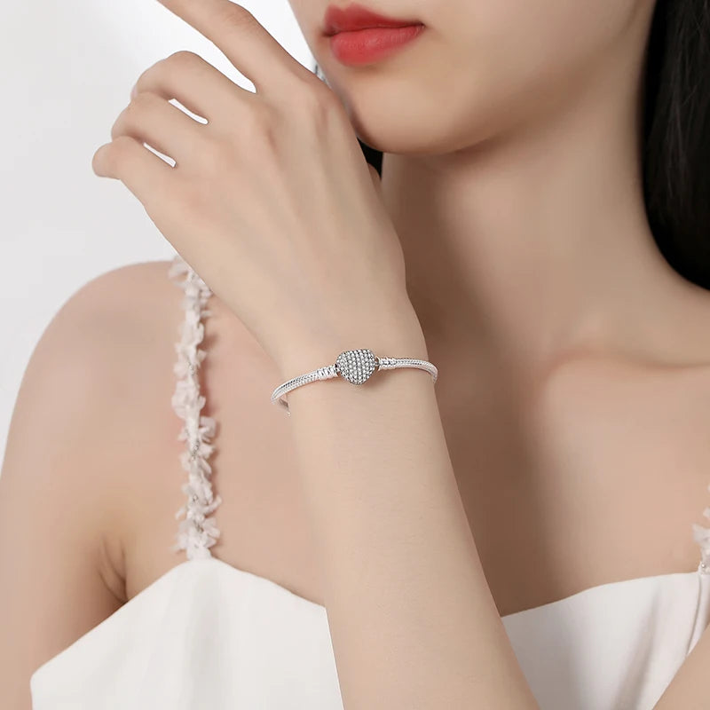 Original 925 Sterling Silver Bracelet For Women Charms Beads Rose Gold Heart Bracelets Bangles Snake Chain Luxury Jewelry Gift