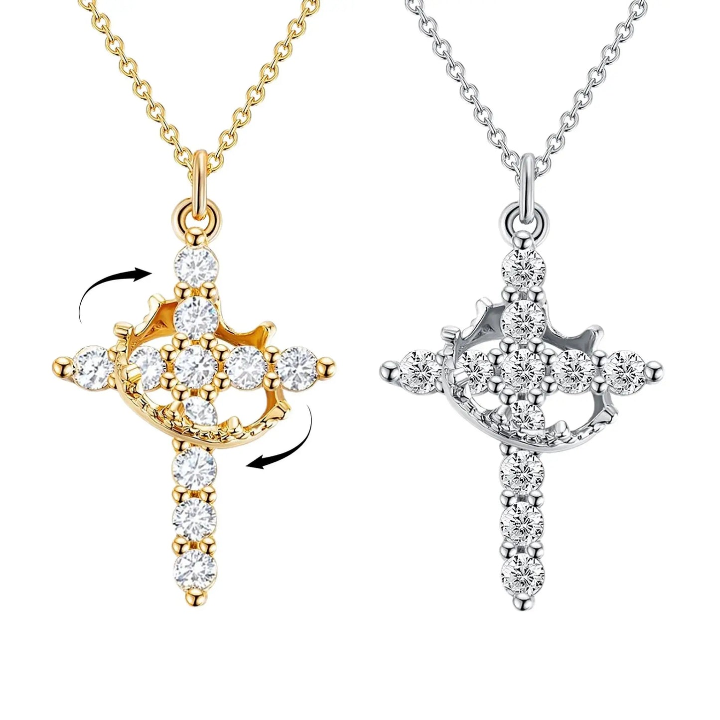 Fashionable women's crown pendant necklace with rotating cross; full of diamonds and zirconia; perfect for the clavicle chain