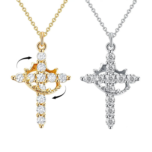 Fashionable women's crown pendant necklace with rotating cross; full of diamonds and zirconia; perfect for the clavicle chain