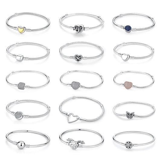 Original 925 Sterling Silver Bracelet For Women Charms Beads Rose Gold Heart Bracelets Bangles Snake Chain Luxury Jewelry Gift