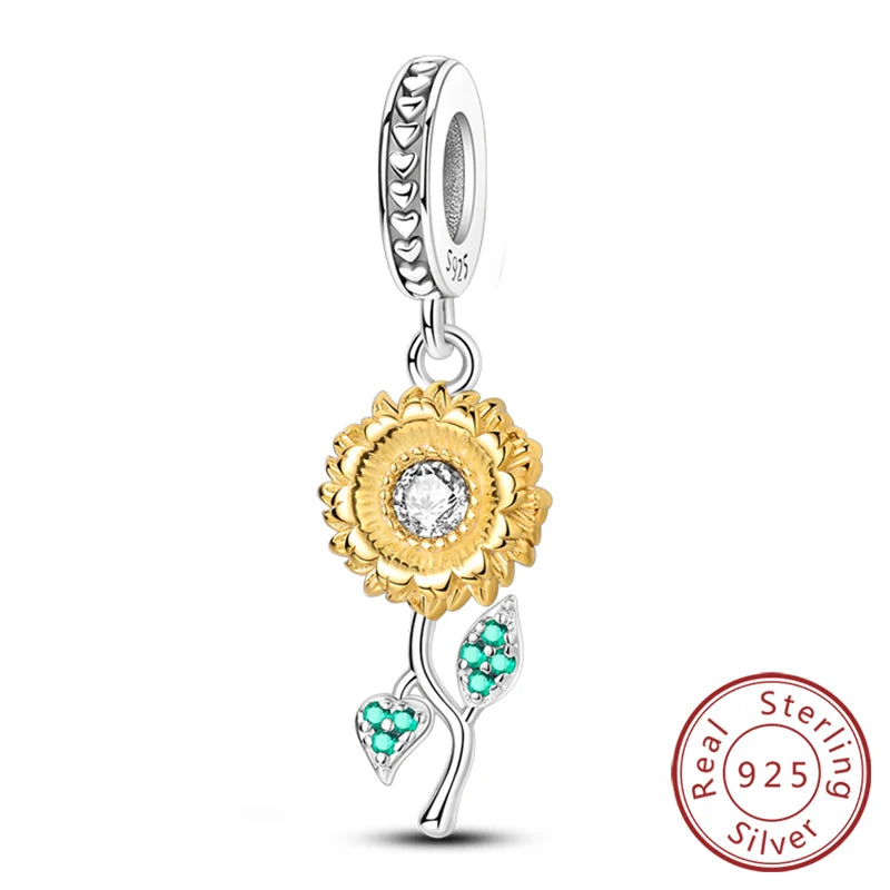 New 925 Sterling Silver Charms Pendant Sunflowers Heart Beads Fit Original Bracelets Charm DIY Jewelry Gifts Making