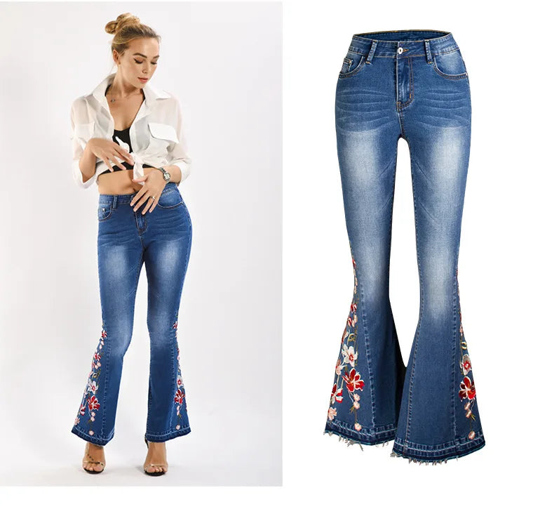 Jeans Flare Pants Women Boot Cut Embroidery Full Length Pockets Distressed Mid Waist Washed Vintage Streetwear Denims Trousers