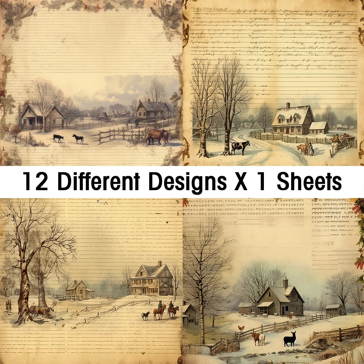 Winter Christmas Junk Journal Paper,12sheet Xmas Scrapbooking Paper,Decorative Craft Paper for DIY Projects Card Making Planner
