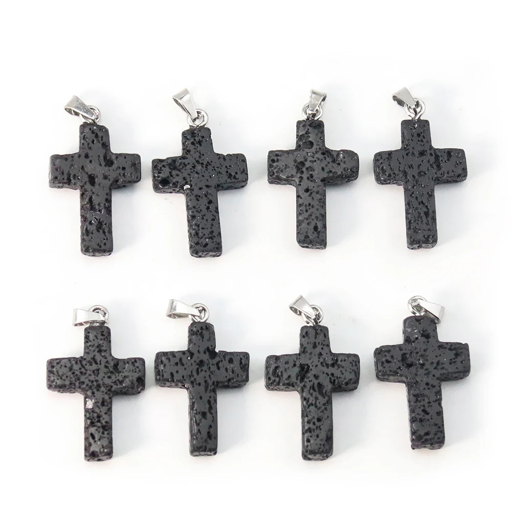 1PC Jesus Cross Pendant Natural Volcanic Stone Lava Christian Dangle Jewelry Charms Making for Women DIY Necklace Earrings Gift