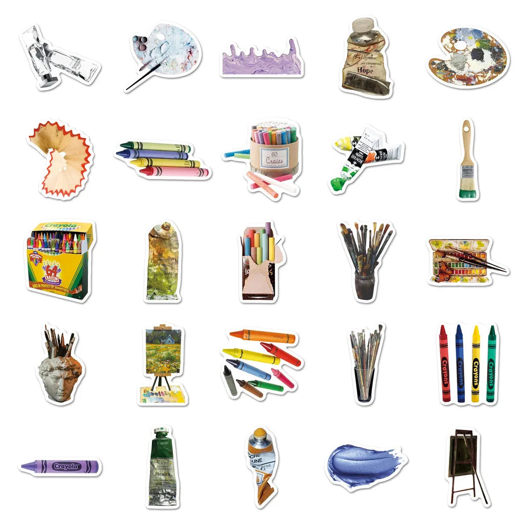 50 Pcs Art Stickers  Paintbrushes & Painting Tools Themed Artistic Creative Stickers Waterproof Decor Decals