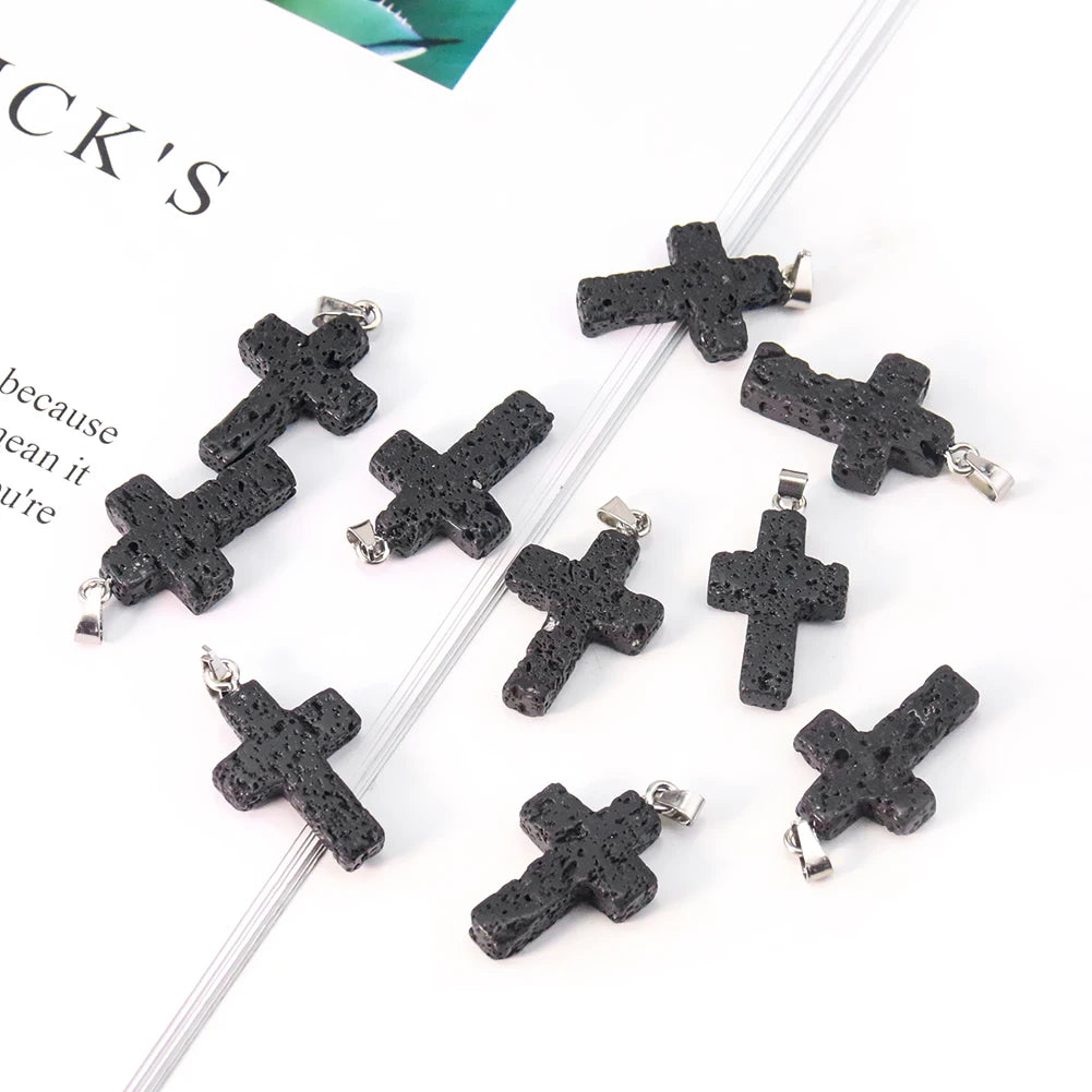 1PC Jesus Cross Pendant Natural Volcanic Stone Lava Christian Dangle Jewelry Charms Making for Women DIY Necklace Earrings Gift