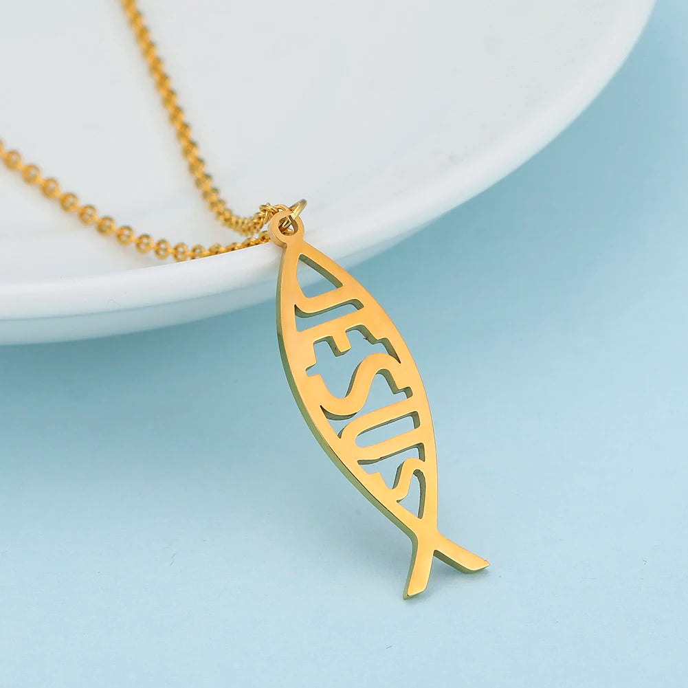 LIKGREAT Christian Jesus Fish Pendant Necklace for Women Stainless Steel Ichthys Faith Pray Choker Jewelry Valentine's Day Gifts