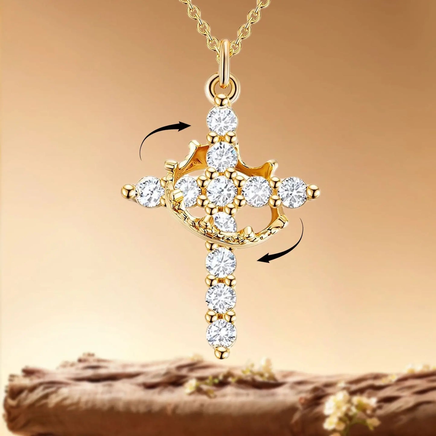 Fashionable women's crown pendant necklace with rotating cross; full of diamonds and zirconia; perfect for the clavicle chain
