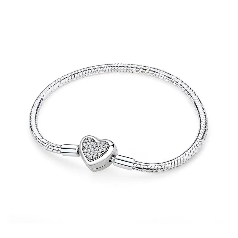 Original 925 Sterling Silver Bracelet For Women Charms Beads Rose Gold Heart Bracelets Bangles Snake Chain Luxury Jewelry Gift