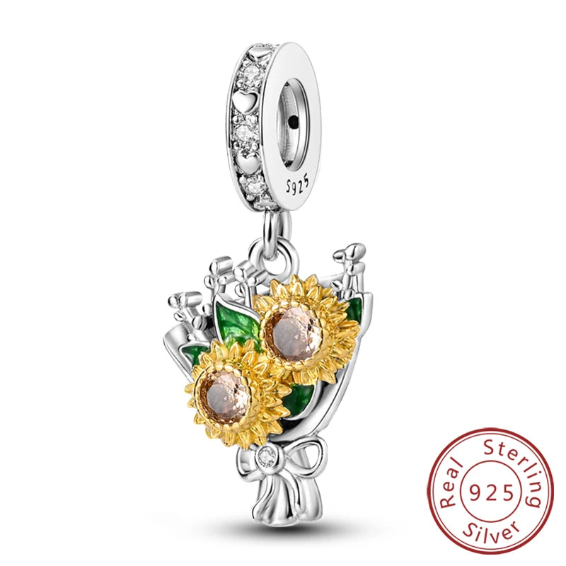 New 925 Sterling Silver Charms Pendant Sunflowers Heart Beads Fit Original Bracelets Charm DIY Jewelry Gifts Making