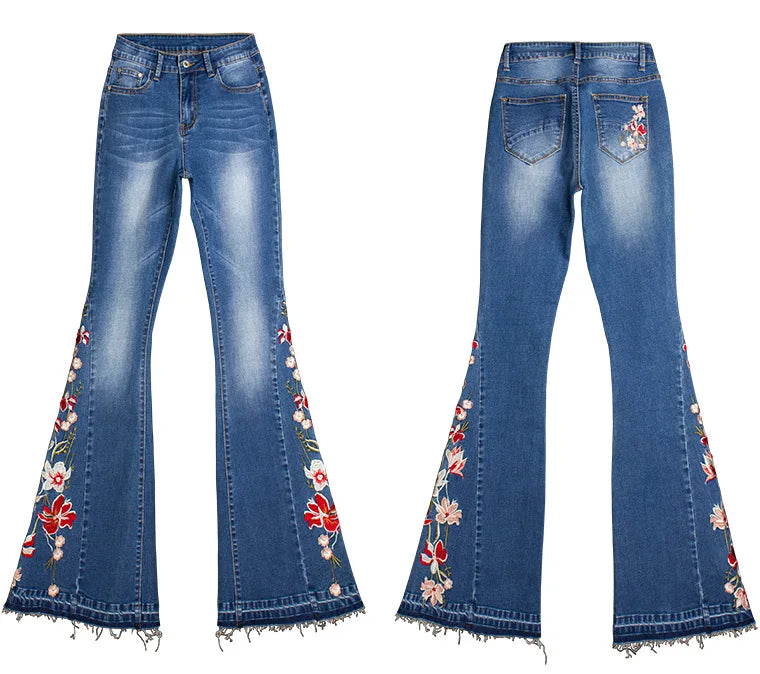 Jeans Flare Pants Women Boot Cut Embroidery Full Length Pockets Distressed Mid Waist Washed Vintage Streetwear Denims Trousers