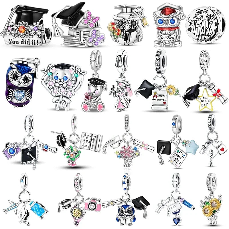 925 Sterling Silver Charms Bachelor's Cap Graduate Beads Pendant Fit Original Bracelet DIY Bead Gift for Graduation Ceremony