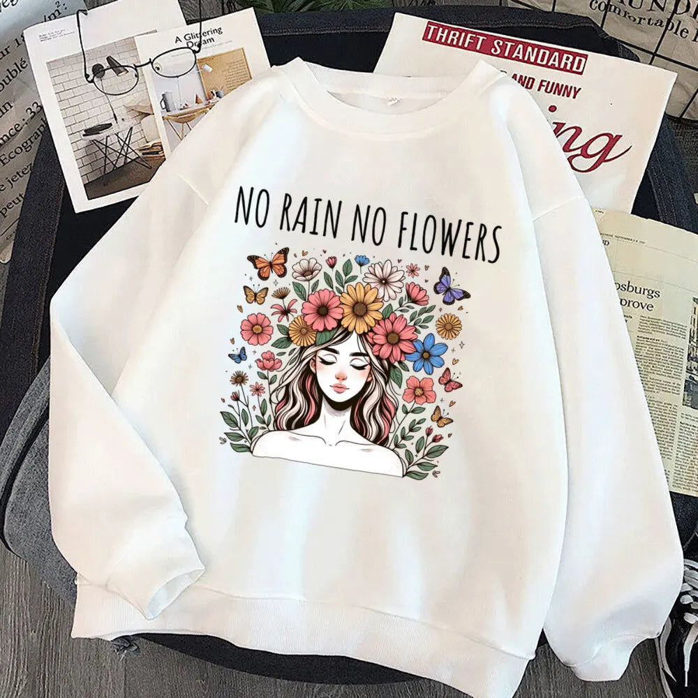 No Rain No Flower Umbrella Printed Sweatshirt Mental Health Hoodie Female Motivation Hoody Girls Harajuku Aesthetic Clothes Tops