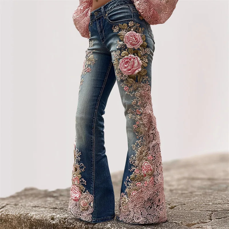 New 3D Digital Print Women's Flare Jeans High Waist Slim Fit Stretchy Denim Bell Bottom Pants Casual Trendy Daily Wear