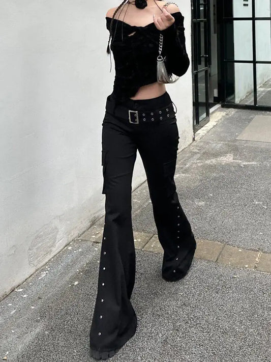 Retro new pure black rivet design belt decorative slim pants for women y2k Harajuku Goth low-waisted flared pants