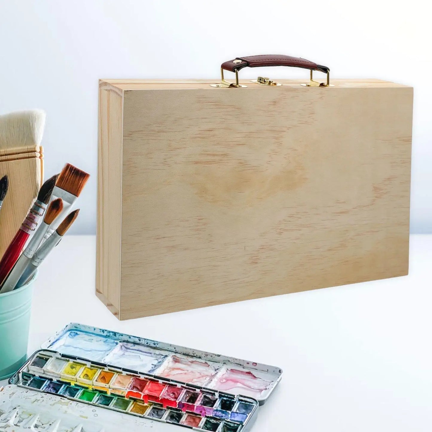 Wood Artist Supplies Box Carrying Case Sleek Multifunctional Portable Organizer Art Tool Box for Markers Paint Brushes Pastel