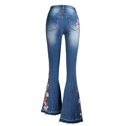 Jeans Flare Pants Women Boot Cut Embroidery Full Length Pockets Distressed Mid Waist Washed Vintage Streetwear Denims Trousers
