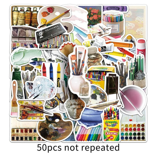 50 Pcs Art Stickers  Paintbrushes & Painting Tools Themed Artistic Creative Stickers Waterproof Decor Decals