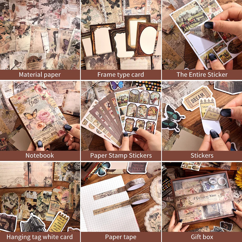 201 Pcs Vintage Aesthetic Scrapbook Paper Set Bullet Junk Journal Kit With Scrapbook Paper Tape DIY Materials For Journaling