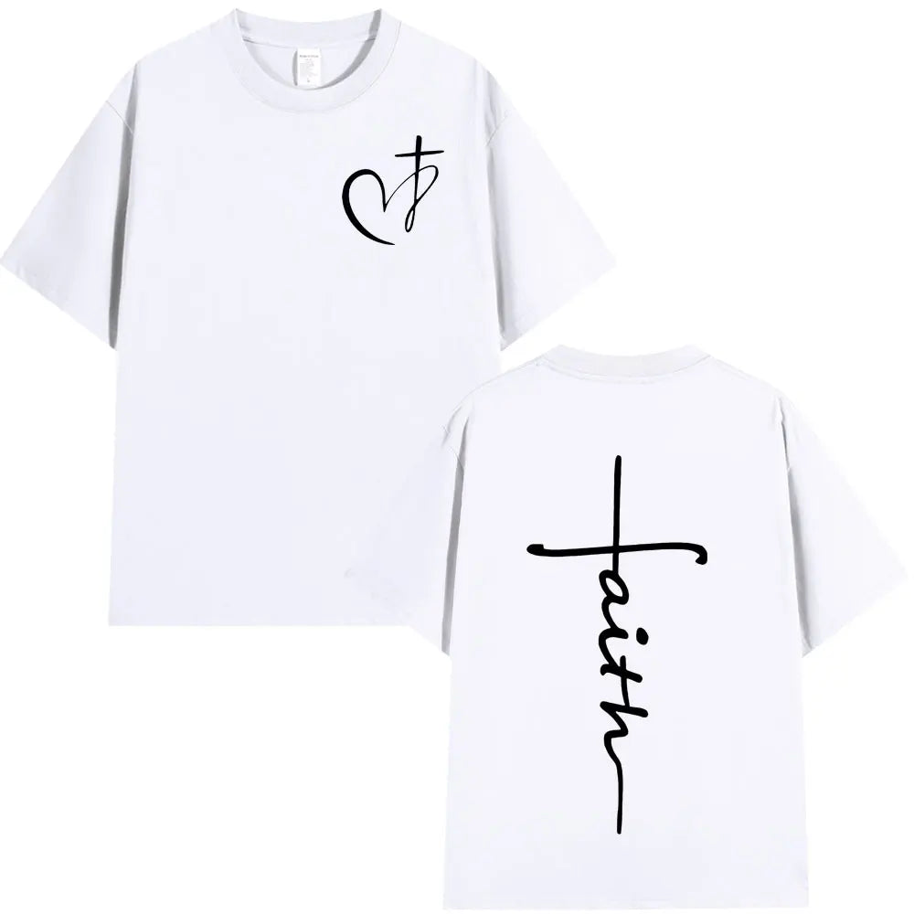 Heart Cross Christian Jesus Print T Shirt Fashion Hip Hop Street Short Sleeve T-shirts Men Women High Quality Cotton T-shirt Top