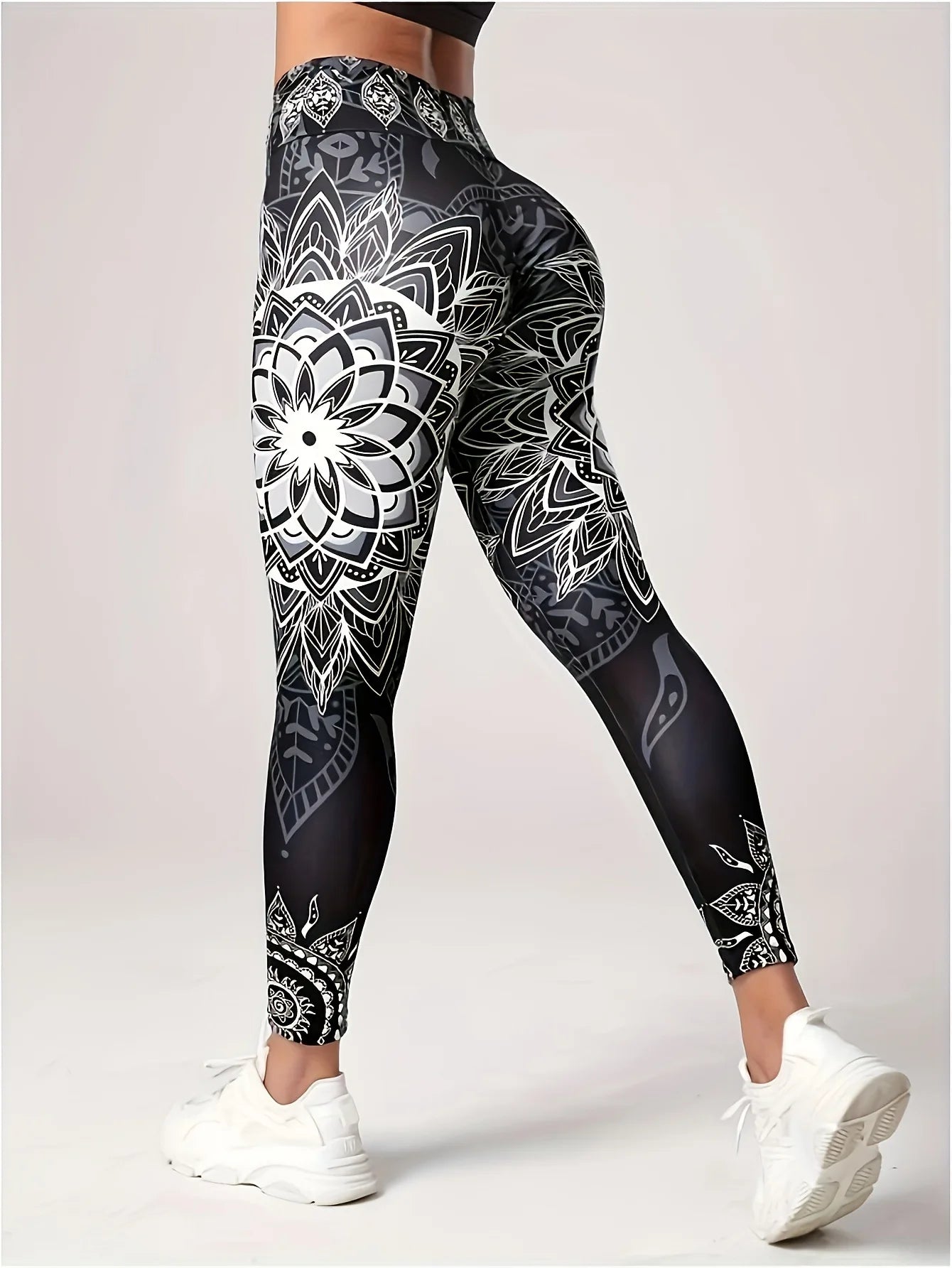 Outdoor sports fitness pants, ink-wash lotus print yoga long pants, fashionable and slimming women's tight pants