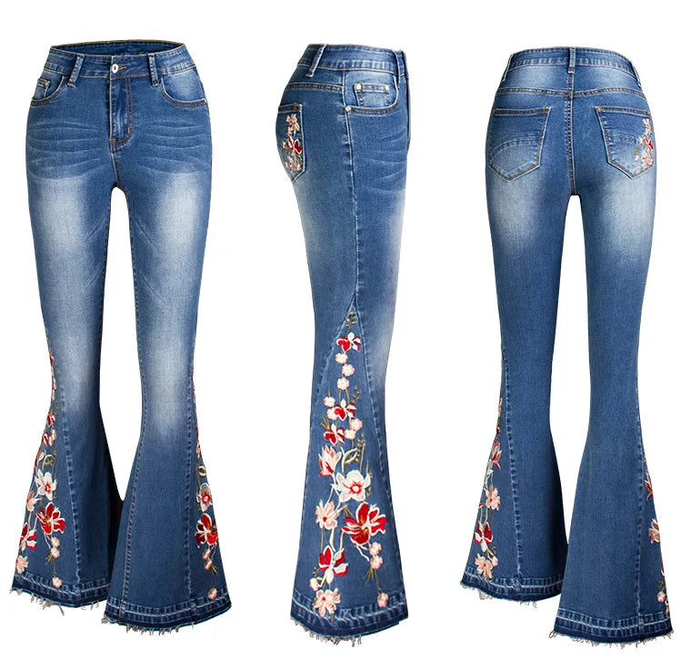 Jeans Flare Pants Women Boot Cut Embroidery Full Length Pockets Distressed Mid Waist Washed Vintage Streetwear Denims Trousers