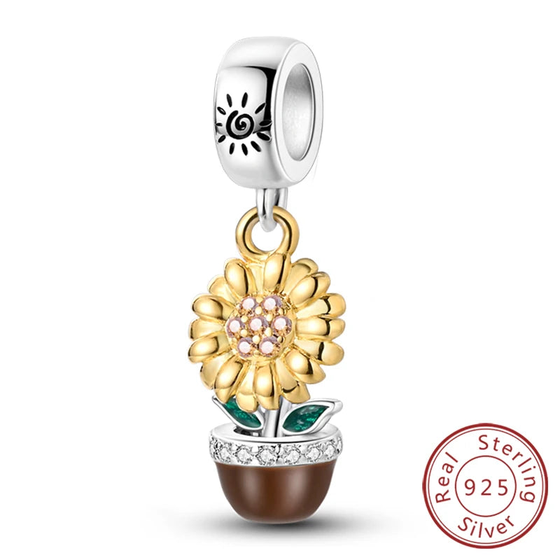 New 925 Sterling Silver Charms Pendant Sunflowers Heart Beads Fit Original Bracelets Charm DIY Jewelry Gifts Making