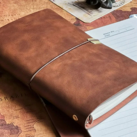 Vintage Leather Notebook - Loose-Leaf Kraft Journal with Strap, Soft Plain Cover Flip Diary Notepad