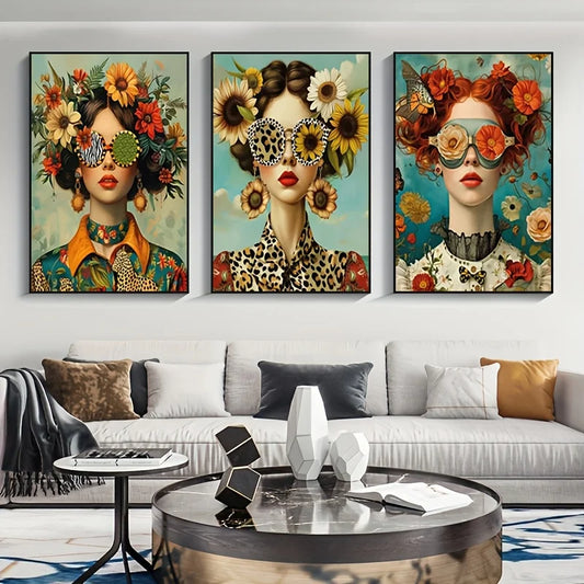 3pcs Nordic Boho Fashion Glasses Woman With Flowers Wall Art