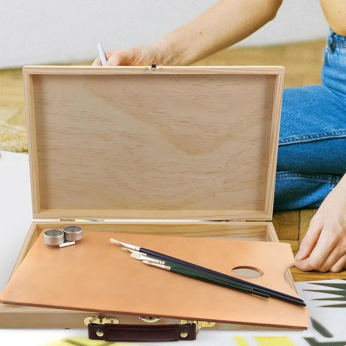 Wood Artist Supplies Box Carrying Case Sleek Multifunctional Portable Organizer Art Tool Box for Markers Paint Brushes Pastel