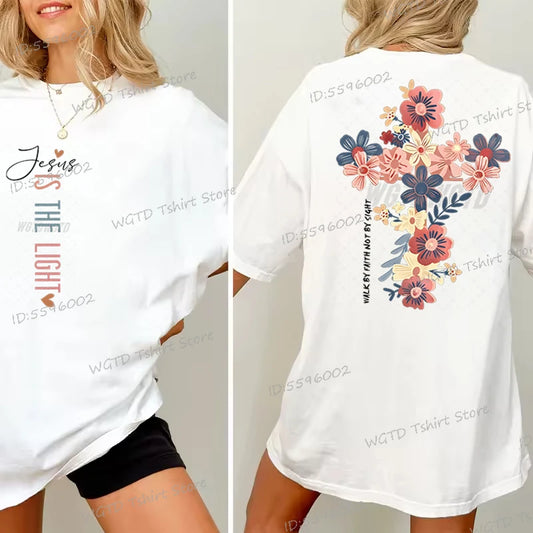 Jesus Is The Light Christian T Shirt Inspirational Floral Cross Vintage T Shirts Women Gift for Christian Religious T Shirts