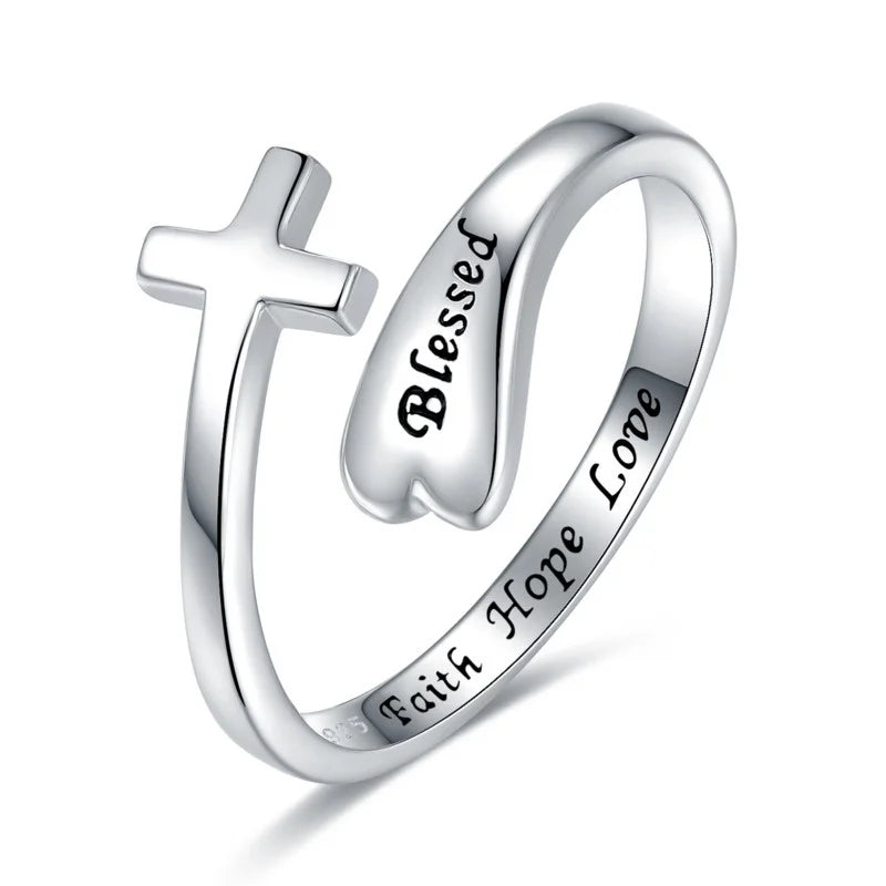 925 Sterling Silver Adjustable Christian Blessed Jesus Cross Infinity Ring Jewelry Faith Hope Love Gifts for Women Teen Girls